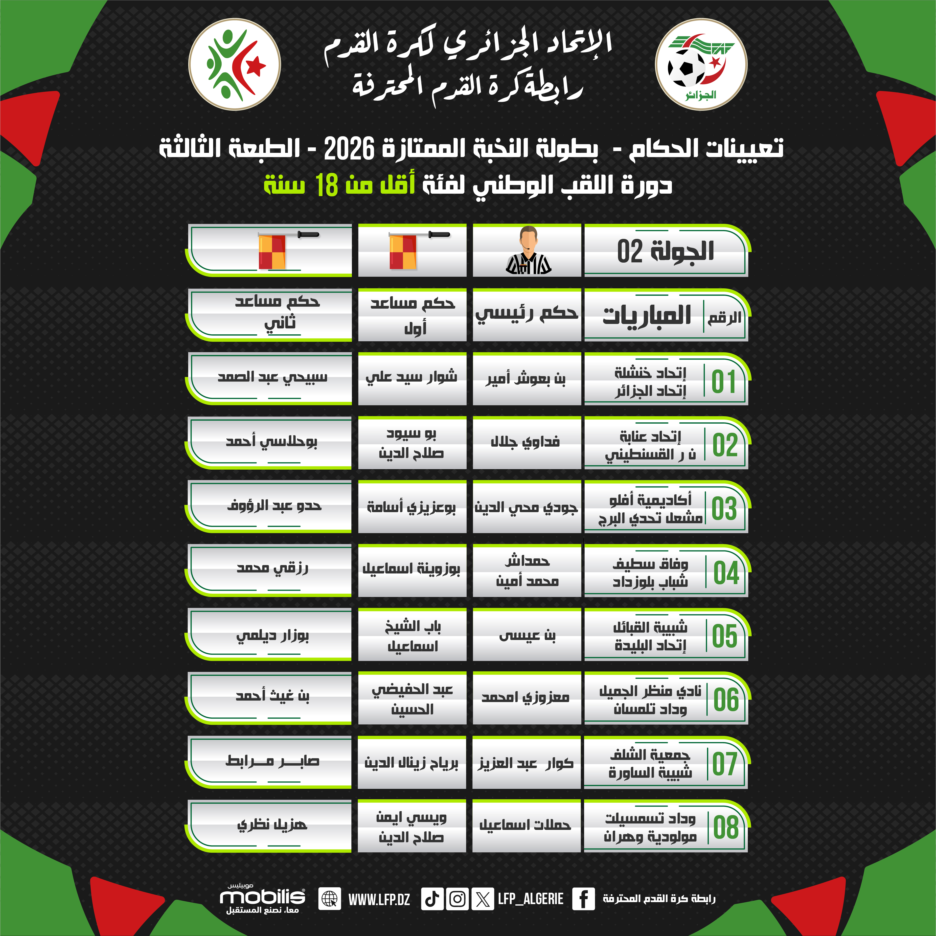 تعيين الحكام لبطولة النخبة الممتازة 2026 - فئة أقل من 18 سنة -الجولة الثانية
